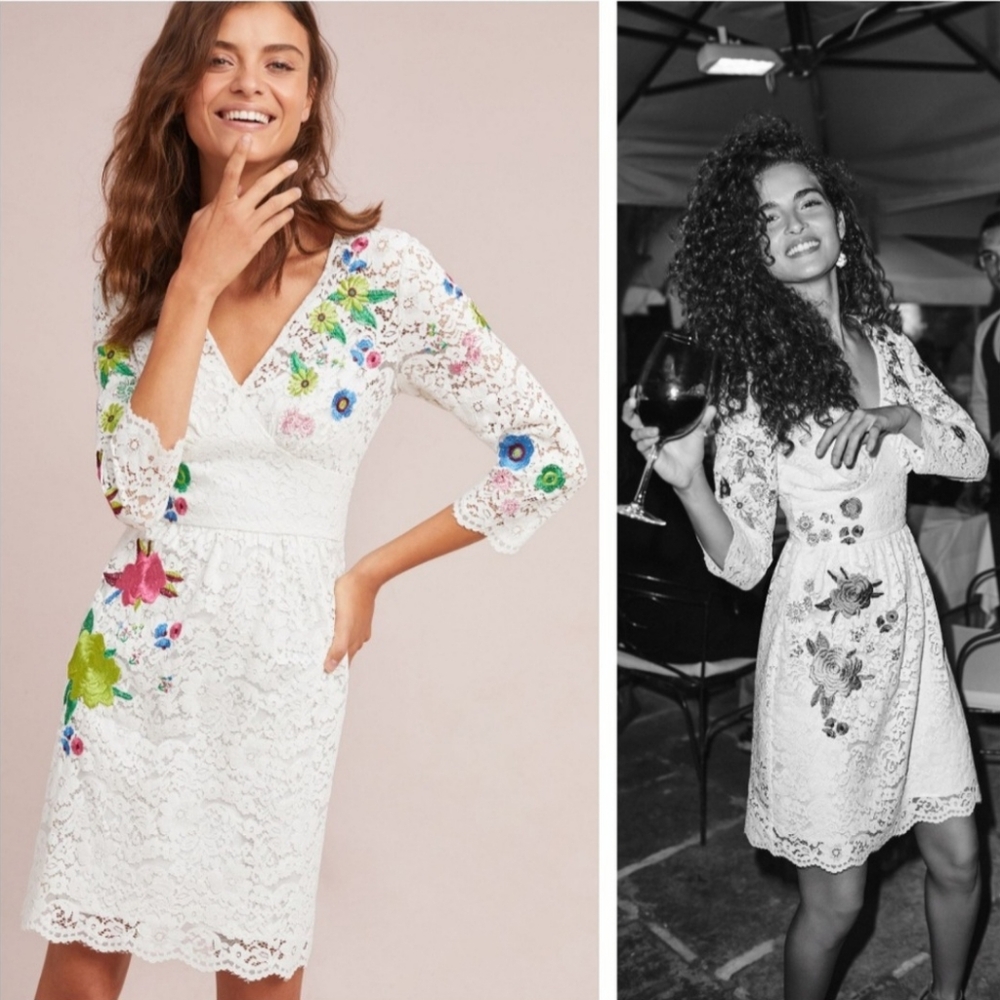 NWOT Tracy Reese💎 White Lace Dress with Colorful Floral Embroidery